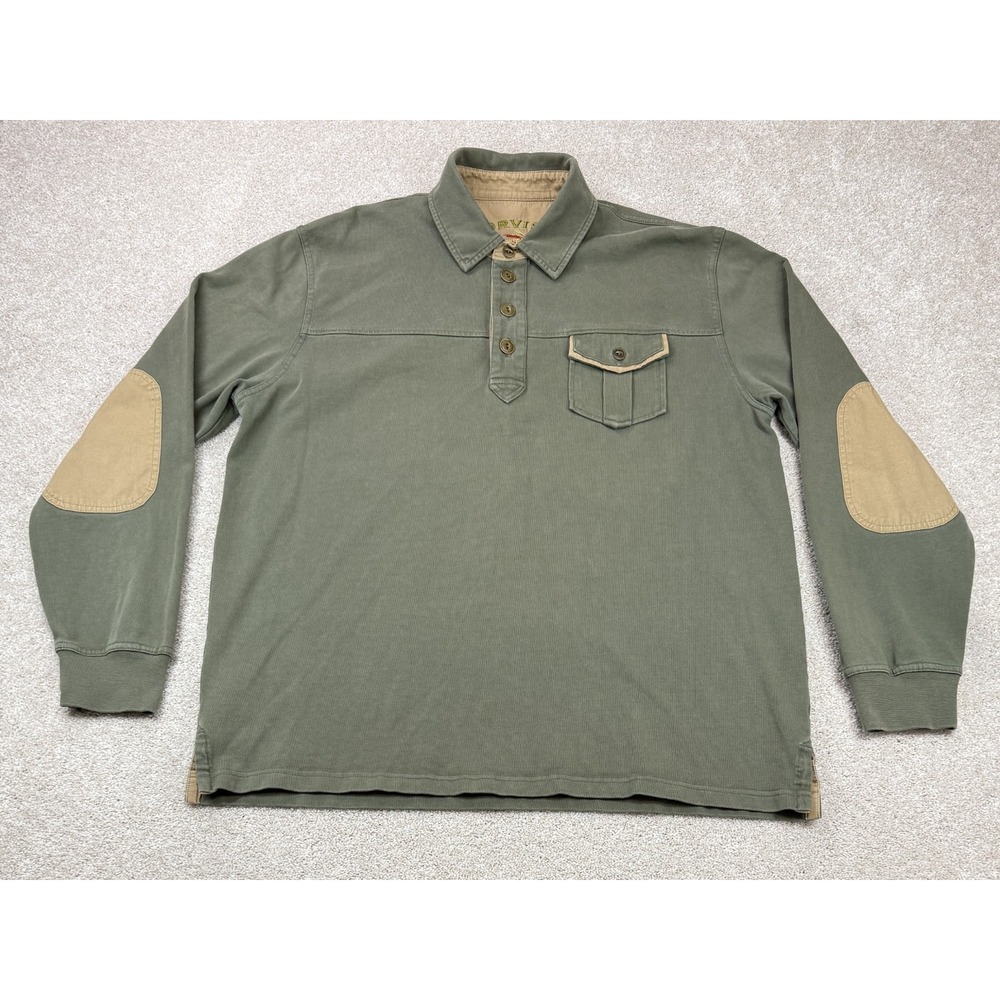 Orvis Rugby Polo Shirt Men's XL Outdoor Casual Olive Green Elbow Patches Logo